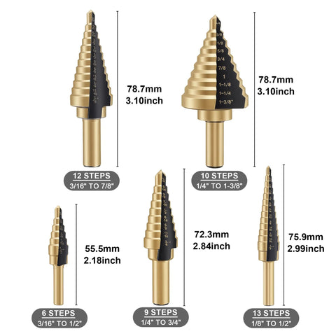 Step Drill Bit Set 5 Piece With Fifty Sizes HSS Titanium Coated Step Bits For Metal Stainless Steel Aluminum Iron Wood