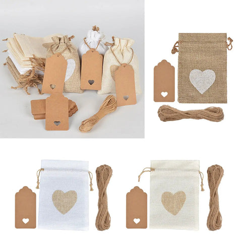 Assorted Burlap Jewelry Pouches Set Of 51 Small Gift Bags with heart design, tags, and rope shown for wedding or special occasions use.