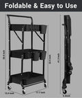3 Tier Foldable Rolling Cart With Wheels Grab-And-Go Space Saving Utility Organizer, showing dimensions in black metal