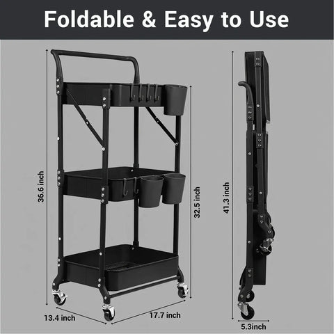 3 Tier Foldable Rolling Cart With Wheels Grab-And-Go Space Saving Utility Organizer, showing dimensions in black metal