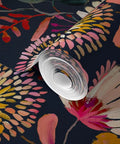 Custom Printed Blue Floral Wallpaper Matte Linen Texture PVC-Free Type II Heavy Duty Pro Grade Wall Covering rolled up with vibrant colors