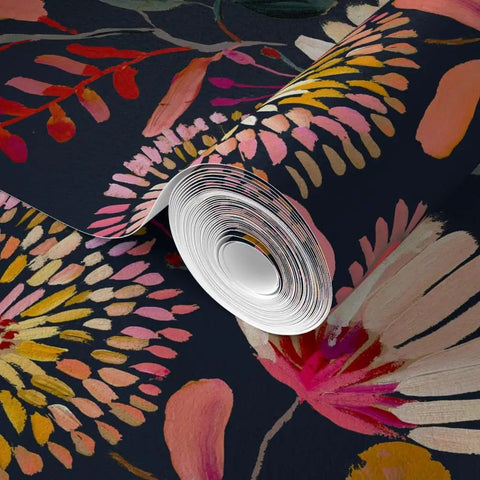 Custom Printed Blue Floral Wallpaper Matte Linen Texture PVC-Free Type II Heavy Duty Pro Grade Wall Covering rolled up with vibrant colors
