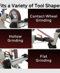 Heavy Duty Badass 2X72 Belt Grinder Sander Workbench with 1500W Pure Copper Motor showing contact, hollow, and flat grinding options.