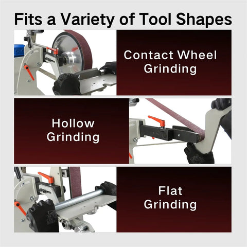 Heavy Duty Badass 2X72 Belt Grinder Sander Workbench with 1500W Pure Copper Motor showing contact, hollow, and flat grinding options.