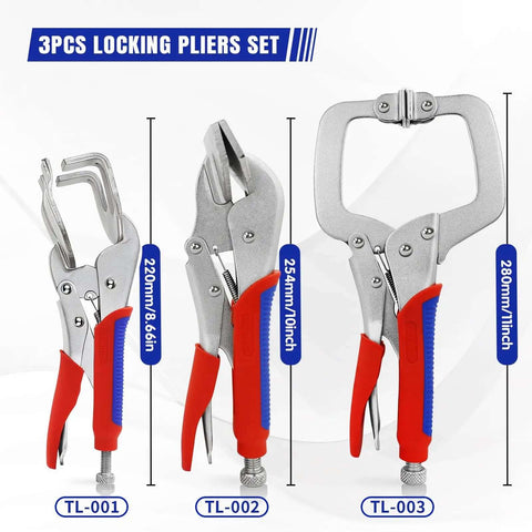 Locking Pliers Set Three Pack Pro Grade For Welding And Metalworking, 11 Inch C Clamp Pliers, 10 Inch Duckbill Pliers, U Shape