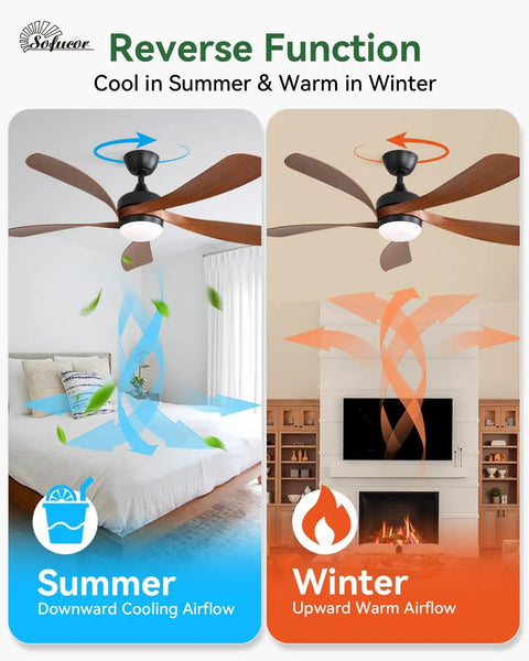Diagram showing 52 Inch Smart Ceiling Fan With Lights And Remote For Indoor And Outdoor Use in summer and winter modes.