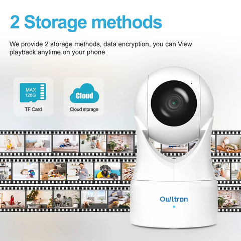 Indoor Security Camera With 360 Degree View And Auto Tracking For Home Or Pet Monitoring, 1080P HD Night Vision displayed with storage methods