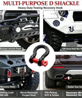 Rock Solid 1/2 Inch D Ring Shackle Built Different With 8 Ton Rated 17700 Pounds Breaking Strength For No Sweat Off Road Recovery Towing On Jeeps And Trucks shown on vehicle and recovery points.