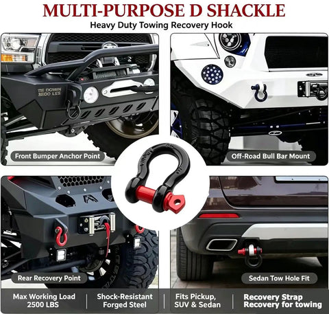 Rock Solid 1/2 Inch D Ring Shackle Built Different With 8 Ton Rated 17700 Pounds Breaking Strength For No Sweat Off Road Recovery Towing On Jeeps And Trucks shown on vehicle and recovery points.