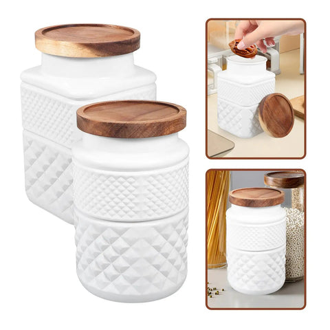 Dope Vintage Matte White Glass Canisters Set With Solid Wood Airtight Lids For Coffee Beans Tea And Grains with textured design.
