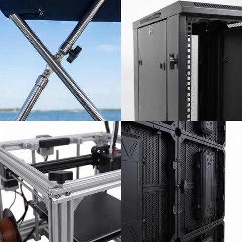 Top Shelf 1/4-20 X 1 1/4 Inch Thumb Screws With Black Knurled Aluminum Knobs For Camera Rig And Workshop Mounting close up on various applications.
