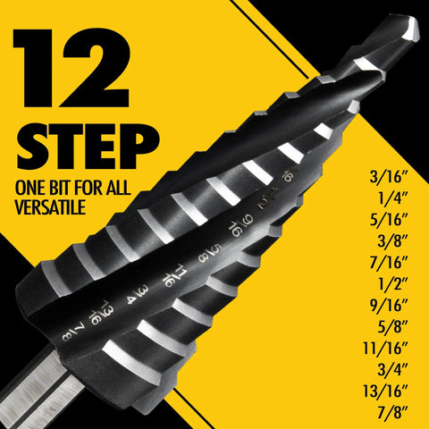 Four Spiral Flute Cobalt Step Drill Bit For Metal And Plastic, Twelve Step Unibit From Three Sixteenth To Seven Eighths Inch With M35 TiAlN Coating And One Quarter Inch Hex Shank, Impact Ready, Beast Mode Drill Bit For Stainless Steel And Aluminum