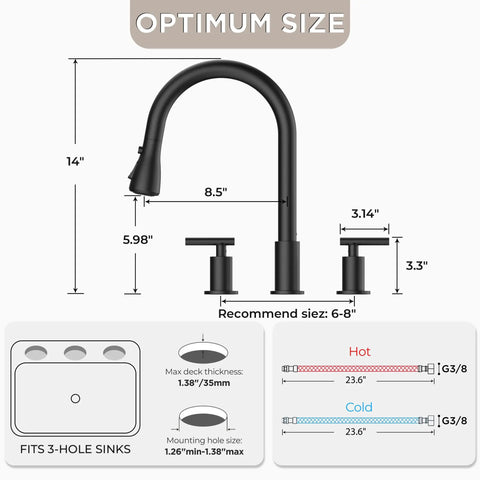 FORIOUS Black 2-Handle Kitchen Faucet, 3-Mode High Arc Pull Down Sprayer dimensions and specifications illustration.