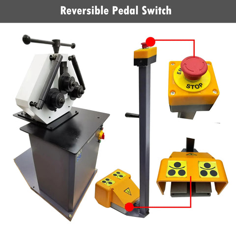 Heavy Duty Electric Pipe Bender Machine showing reversible pedal switch setup for precise tube curve adjustments.