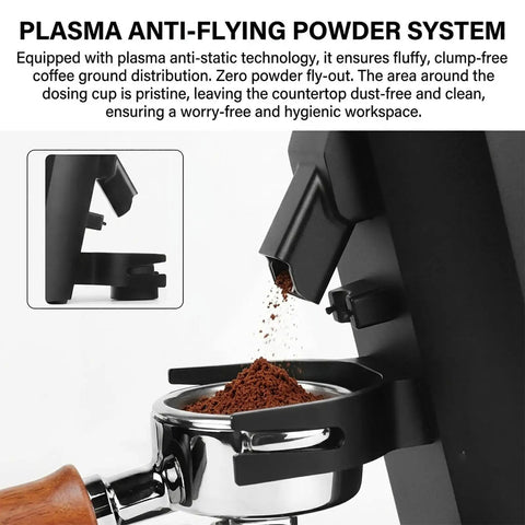 Professional 80mm Flat Burr Coffee Grinder With Heavy Duty Stainless Steel Plates dispensing freshly ground coffee with plasma anti-flying powder system.