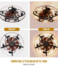20 Inch Farmhouse Caged Ceiling Fan With Lights And Remote, low-profile black design, off and on lighting examples shown