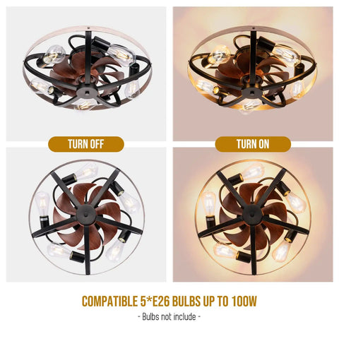 20 Inch Farmhouse Caged Ceiling Fan With Lights And Remote, low-profile black design, off and on lighting examples shown