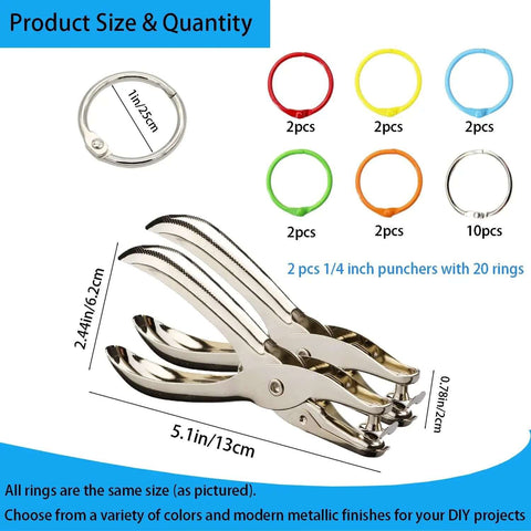 Two Pack Quarter Inch Hole Punch Set With Twenty Binder Rings Ten Silver And Ten Colorful For DIY Crafts And Legit Organization