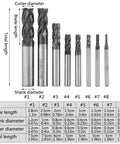 8 Piece Carbide End Mill Set 2 to 12 mm Tungsten Steel Milling Cutters displayed with size dimensions and specs table