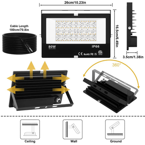 Diagram of Outdoor Dope RGB Flood Light Kit with dimensions, cable length, and mounting options for ceiling, wall, ground.
