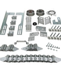 All In One Garage Door Parts Installation Kit For 16 By 7 Foot Overhead Doors Including Rollers Hinges Brackets Drums Cables Screws Jamb Bearings Bolts Heavy Duty Replacement And Repair Bundle displayed in organized layout