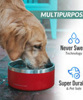 Triple Wall Insulated Stainless Steel Dog Bowl Keeping Fridge Cold Hydration All Day Long Tough As Nails Spill Proof Pet Feeder With Non Slip Base Easy Care Dishwasher Safe 42 Oz Stealth Black For Dogs And Cats with dog drinking from it.