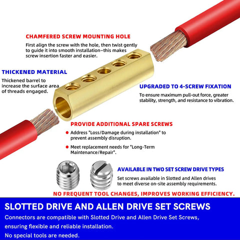 Heavy Duty 12 To 10 AWG Mechanical Screw Splice Connectors Kit With 4 Position Design Brass Construction Inspection Window 10 Splices 3 To 1 Heat Shrink Tubing 44 Slotted And 44 Allen Set Screws 600V Rating brass splice connector with 4-screw wire connection and set screws