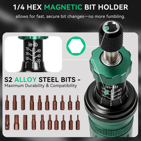 Precision Torque Screwdriver Set With 10 To 70 Inch Pounds Range Quarter Inch Drive 24 Piece Handy Kit For Precise Tightening Great For Electronics Appliances DIY Projects And Car Maintenance, 1/4 hex magnetic bit holder and S2 alloy steel bits