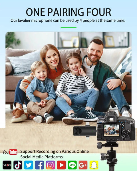 Family using Wireless Lavalier Microphone Kit For iPhone Android Camera And PC Quad Mic Setup For Group Recording Vlogs YouTube TikTok