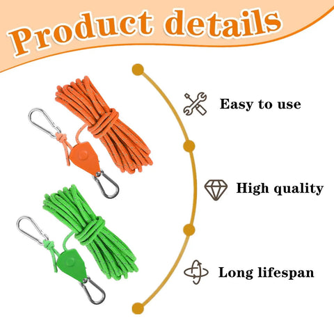 Two Pack High Strength Pulley Camping Ropes With Adjustable Windproof Ratchet Straps, shown in orange and green colors