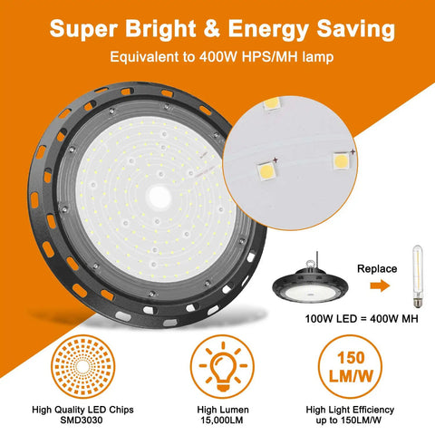 100W LED High Bay Light With 15,000 Lumens 5000K Daylight Dope Brightness 400W MH Or HPS Equivalence US Plug 5 Ft Cable UFO Style LED