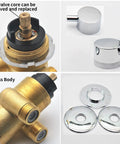 Rock Solid Slick Brass Shower Valve Mixer Tap With Durable Heavy Duty Diverters and Snappy Temperature Adjustments close-up of brass body and chrome handles