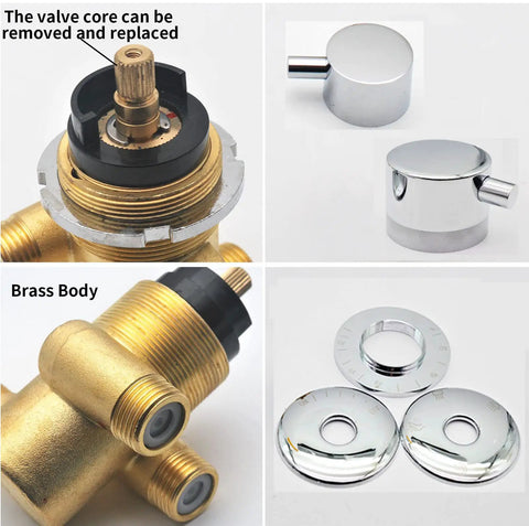 Rock Solid Slick Brass Shower Valve Mixer Tap With Durable Heavy Duty Diverters and Snappy Temperature Adjustments close-up of brass body and chrome handles
