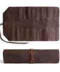 Leather Tool Roll Up 12 Slot Heavy Duty Tool Organizer Bag Portable Roll Up Pouch unrolled and rolled up for travel and job site use.