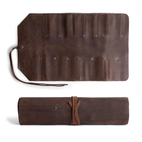 Leather Tool Roll Up 12 Slot Heavy Duty Tool Organizer Bag Portable Roll Up Pouch unrolled and rolled up for travel and job site use.