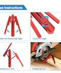 Slick Foldable Miter Saw Angle Duplicator And 180 Degree Protractor showing usage instructions for precision cutting angles.