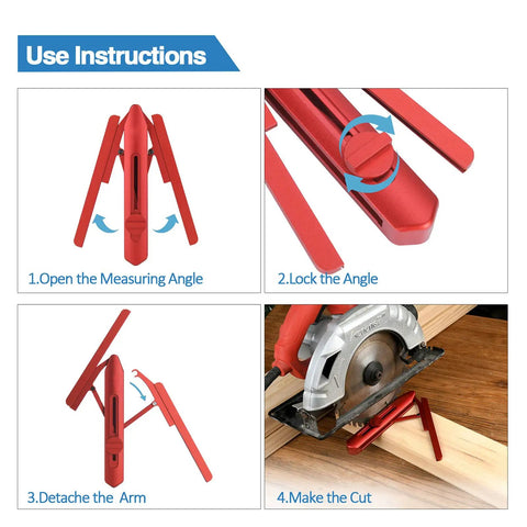 Slick Foldable Miter Saw Angle Duplicator And 180 Degree Protractor showing usage instructions for precision cutting angles.