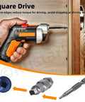 Close-up of square drive drill inserting screws from Pocket Hole Screws Kit With Drive Bit 101 Pcs Blue Coated Square Drive Coarse Thread Wood Screws For DIY Outdoor Furniture And Tables Including Size Eight By Two And A Half Inch Pocket Hole Screws into wood surface