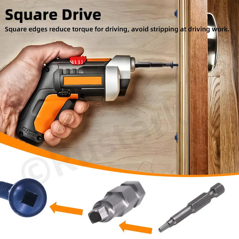 Close-up of square drive drill inserting screws from Pocket Hole Screws Kit With Drive Bit 101 Pcs Blue Coated Square Drive Coarse Thread Wood Screws For DIY Outdoor Furniture And Tables Including Size Eight By Two And A Half Inch Pocket Hole Screws into wood surface
