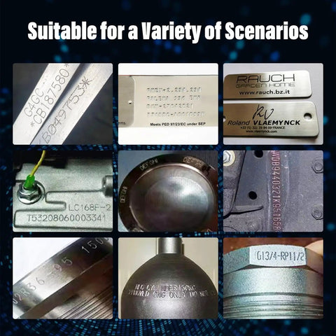 Built Tough Metal Marking Machine With Pneumatic Dot Peen System engraving various serial numbers on metal components