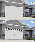 Before after view of garage with Magnetic Garage Door Decoration Kit With Faux Windows Hinges And Handles Black, Easy Stick-On Upgrade.