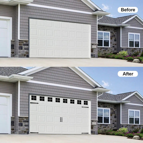 Before after view of garage with Magnetic Garage Door Decoration Kit With Faux Windows Hinges And Handles Black, Easy Stick-On Upgrade.