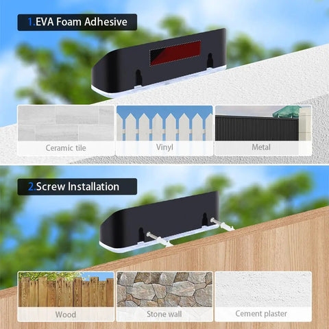 Installation guide for Heavy Duty Solar Wall Lights Outdoor Waterproof For Fence Or Mailbox Or Address Sign with EVA foam and screw methods.