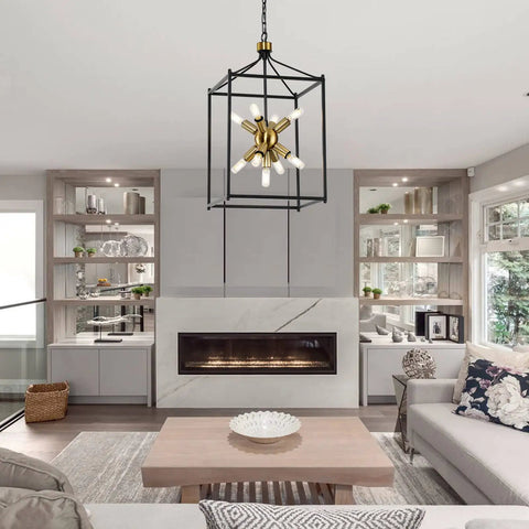 Industrial Farmhouse Chandelier Lantern Pendant Light Nine Light Fixture Built To Last In Black And Gold With Metal Frame For Dining Room Living Room Kitchen Bar Entryway Rustic Modern Style
