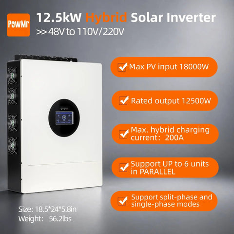 Big Time 12500W Hybrid Solar Inverter Featuring 200A MPPT Charge Controller Generating No Sweat 120 To 240V Split Phase Power For Off Grid Trailers And Home Backup Supporting Lithium Batteries And Parallel Setup.