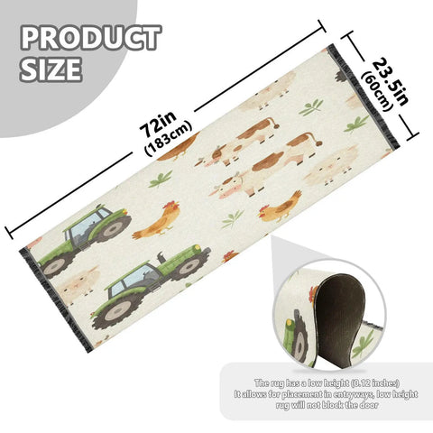 Farm Animals Cartoon Tractor Runner Rug 2x6 Non Slip Low Pile Machine Washable Hallway Rug For Entryway Kitchen Laundry Room Bathroom Cozy Soft Underfoot High Traffic Narrow Spaces shown in product size diagram