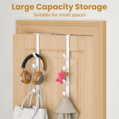 White metal over-the-door hooks on wooden door organizing headphones, bags, and accessories, ideal for bathroom closet use, two-pack