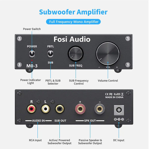 Front and back view of M03 200 Watt Subwoofer Amplifier With TPA3255 For Home Theater, controls and input/output ports visible.