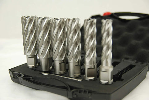 Heavy Duty Magnetic Drill Press Equipped With A Full 2 Inch Annular Cutter Set delivers reliable 120V power, six metallic drill cutters in a case.