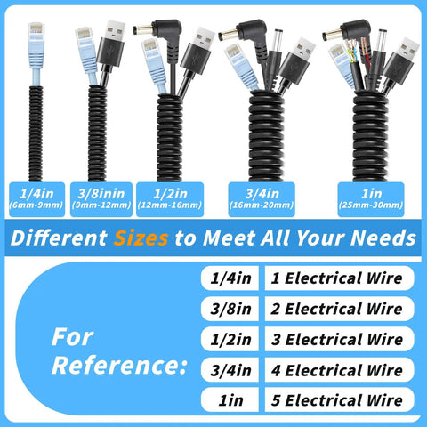 Split Wire Loom Tubing Kit with five size options shown with cords, featuring quarter inch to one inch sizes.